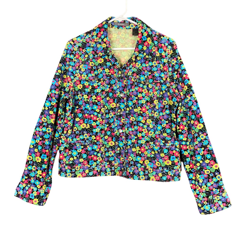 Liz Claiborne Corduroy Jacket Women's‎ Size L Floral Print Button Down Retro Art
